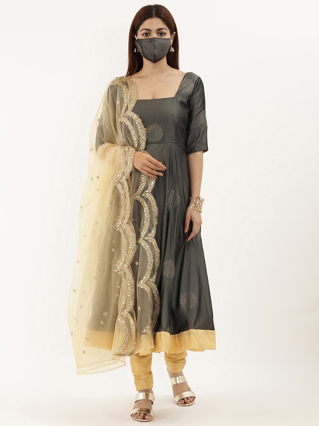 

Ethnovog Women Grey Beige Printed Kurta with Trousers Dupatta