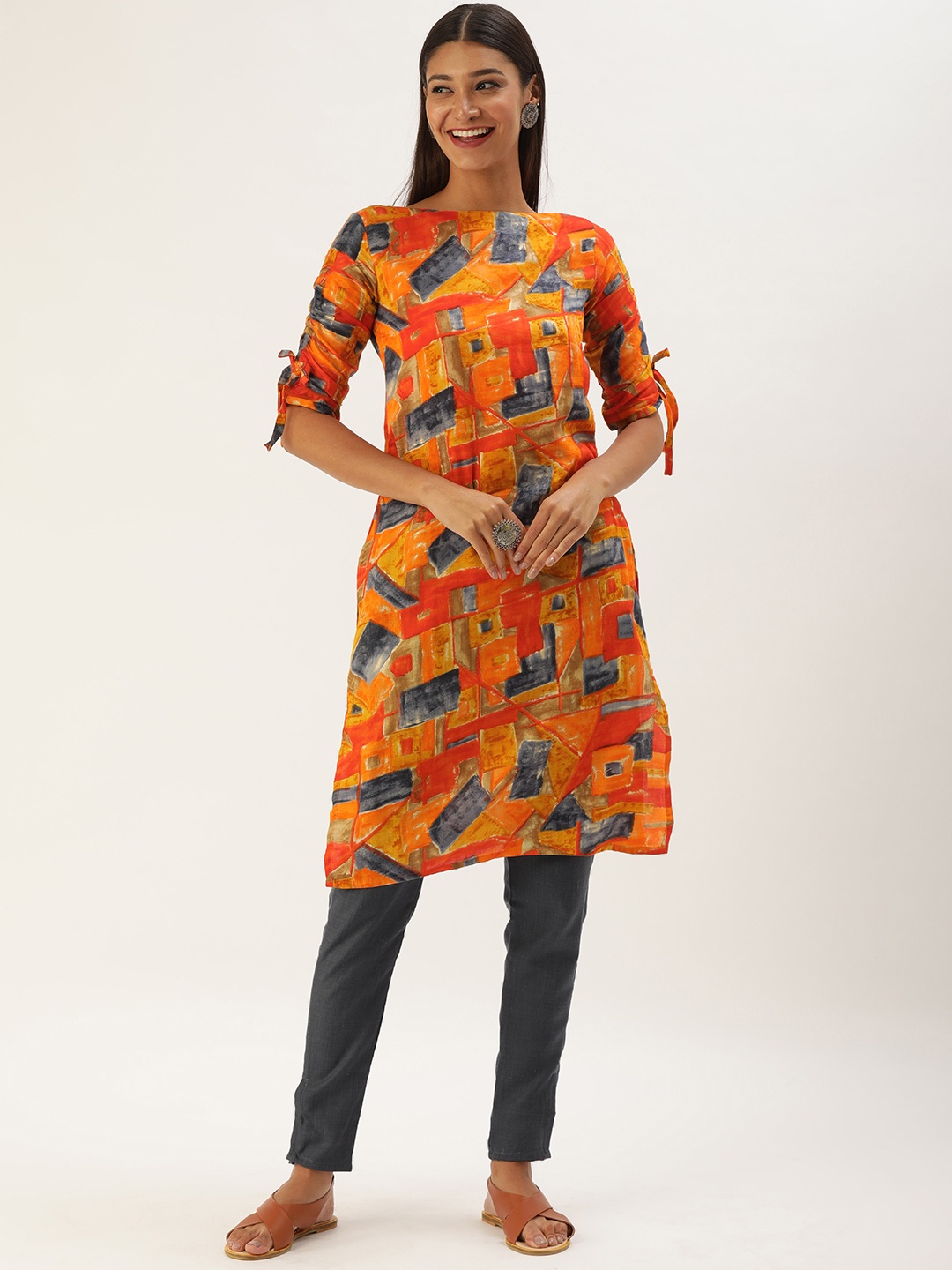 

Ethnovog Women Orange Printed Kurta with Trousers