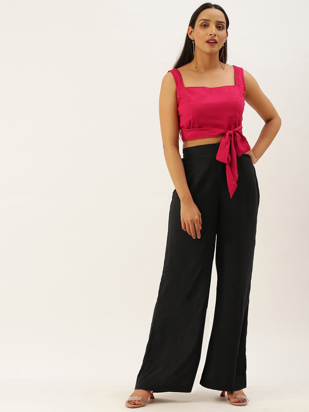 

Ethnovog Women Magenta Pink Black Made To Measure Solid Top with Palazzos