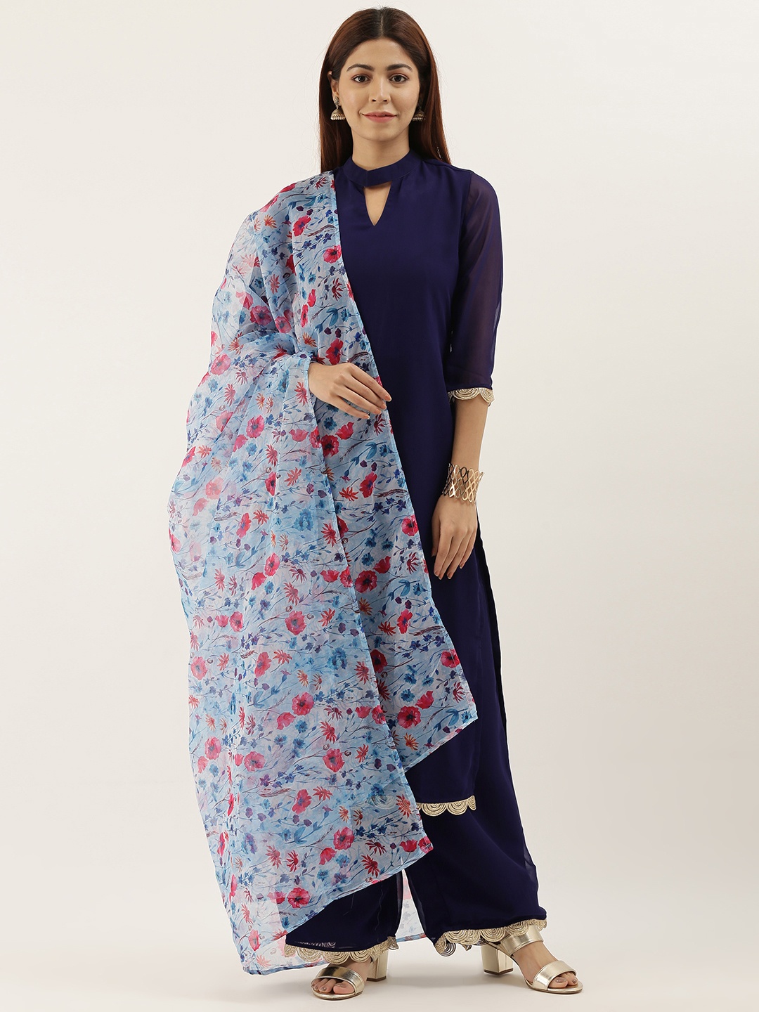 

Ethnovog Women Navy Blue Solid Kurta with Palazzos Dupatta