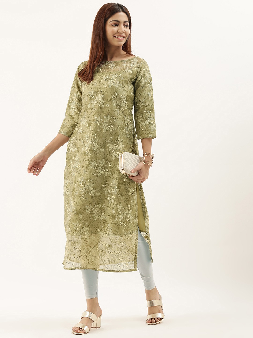 

Ethnovog Women Olive Green Floral Printed Straight Kurta