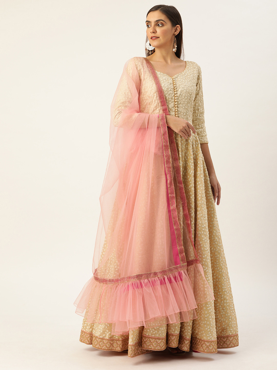 

Ethnovog Women Beige Pink Embroidered Kurta with Trousers Dupatta