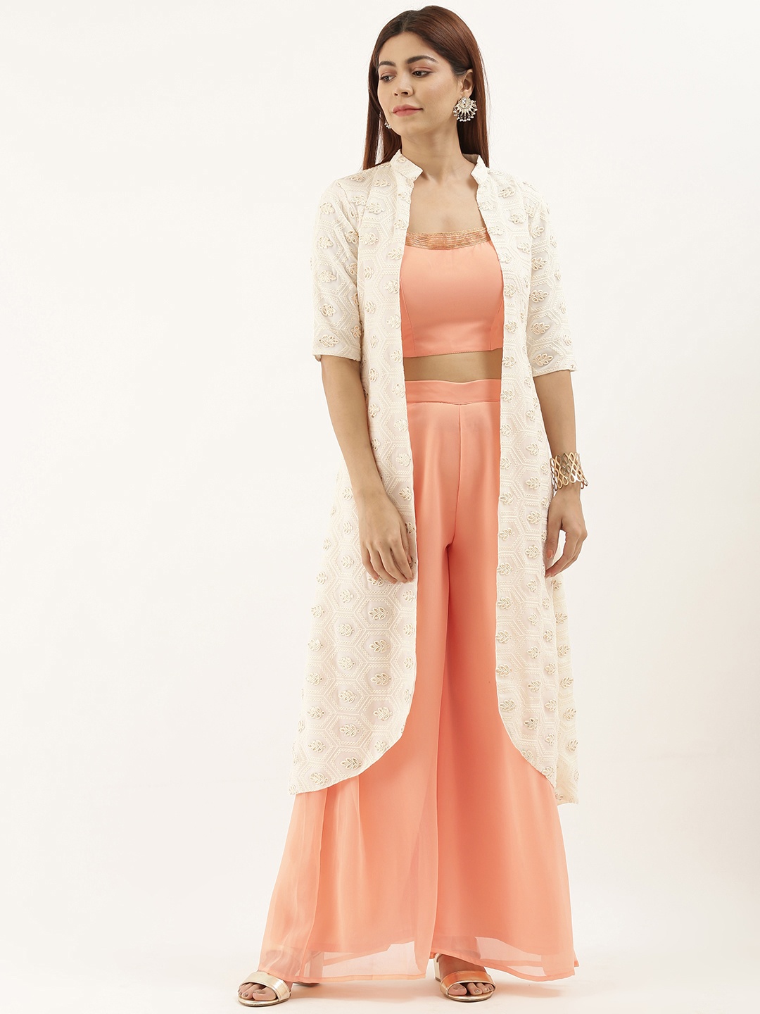 

Ethnovog Women Peach-Coloured Solid Made To Measure Top with Palazzos Jacket