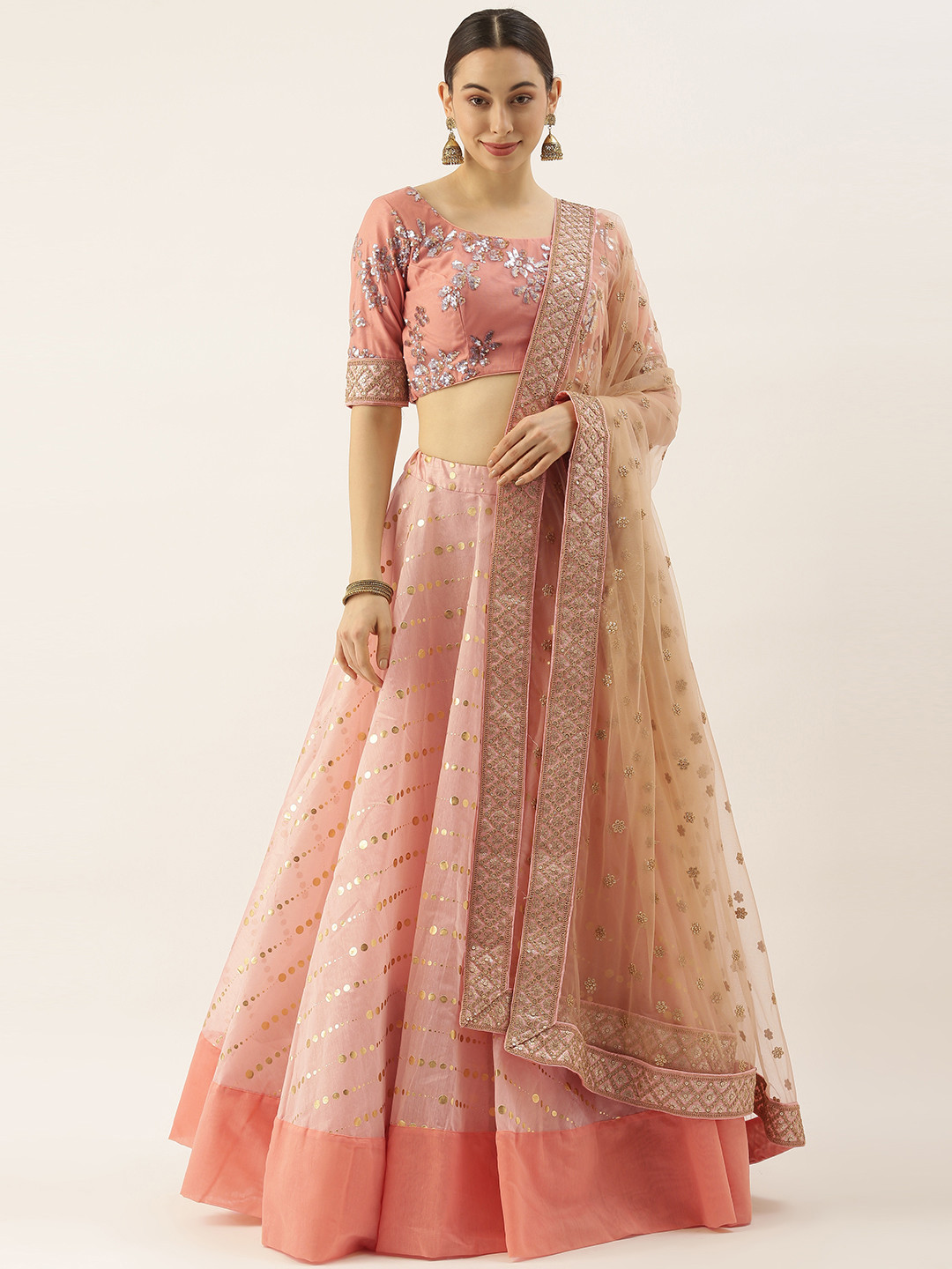 

EthnoVogue Peach Embellished Sequinned Ready to Wear Lehenga & Blouse With Dupatta