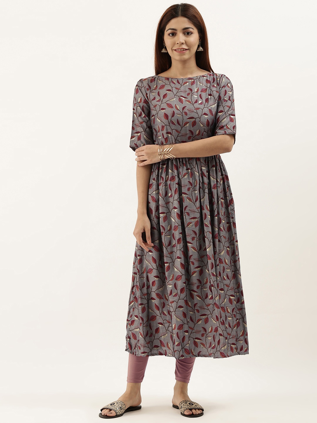 

Ethnovog Women Grey Maroon Floral Printed A-Line Kurta