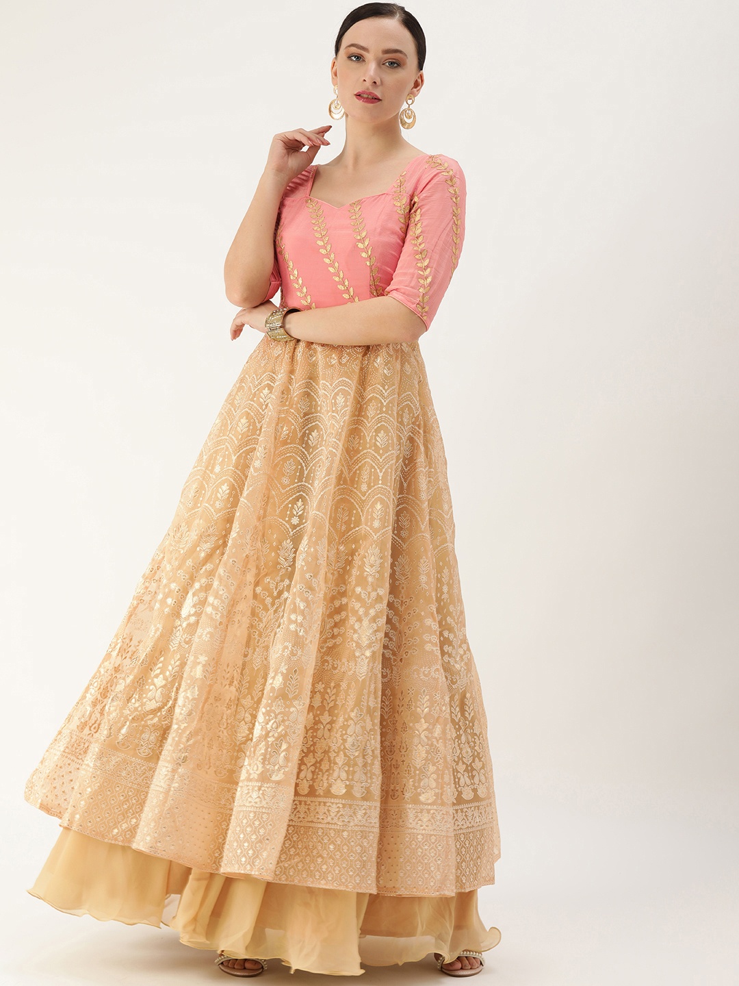 

Ethnovog Peach-Coloured Gold-Toned Made To Measure Layered Ethnic Maxi Dress