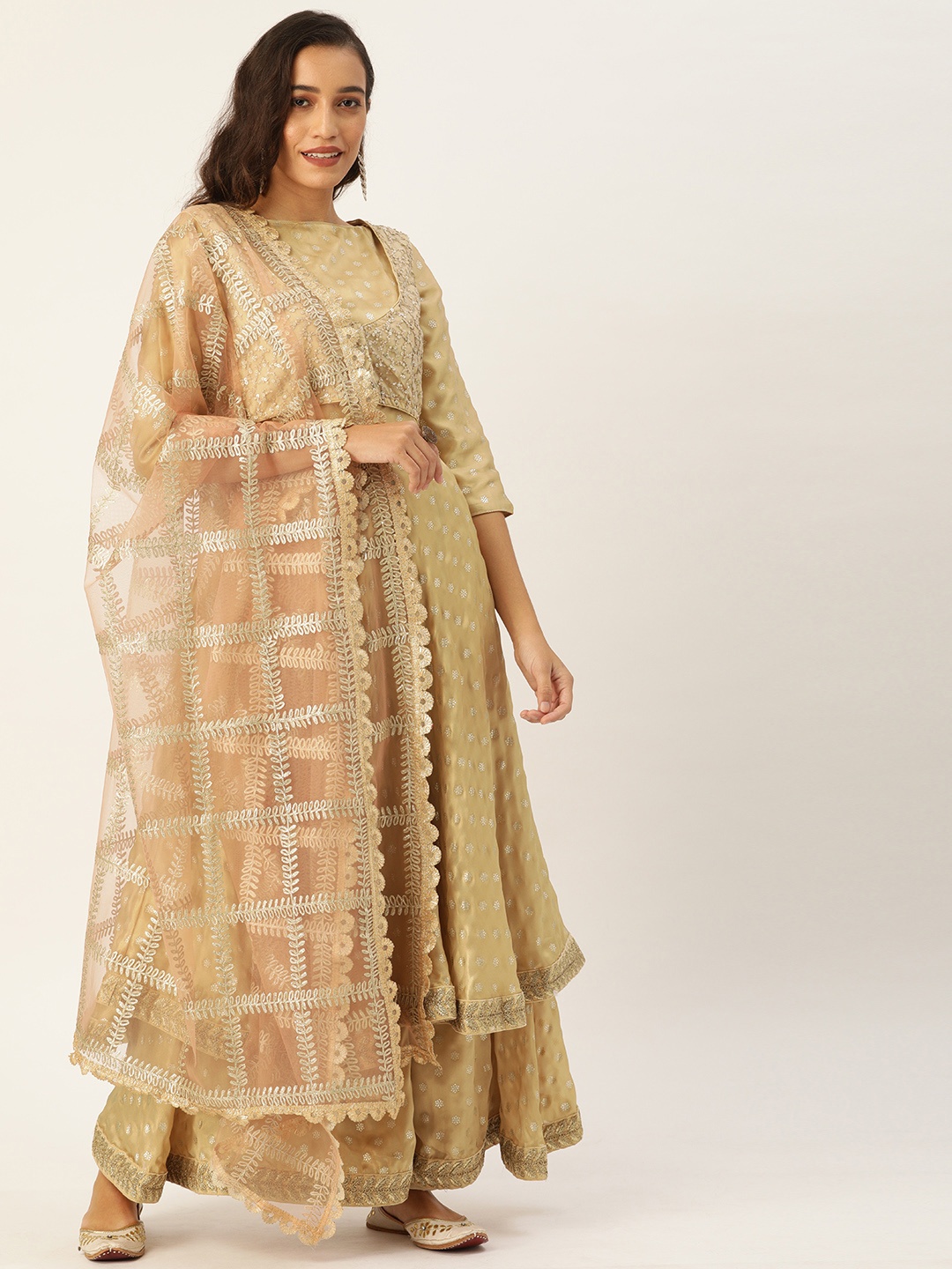 

EthnoVogue Women Beige & Gold-Toned Embroidered Kurta with Trousers & Dupatta