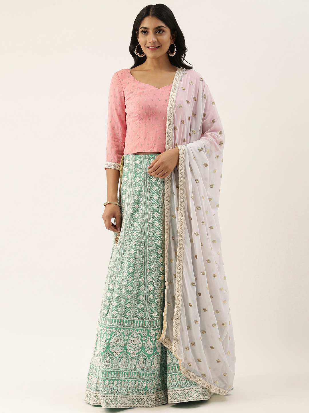 

Ethnovog Pink Green Embroidered Made to Measure Lehenga Blouse with Dupatta