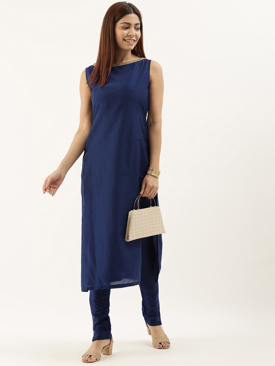 

Ethnovog Women Navy Blue Solid Sequinned Made To Measure Kurta with Churidar