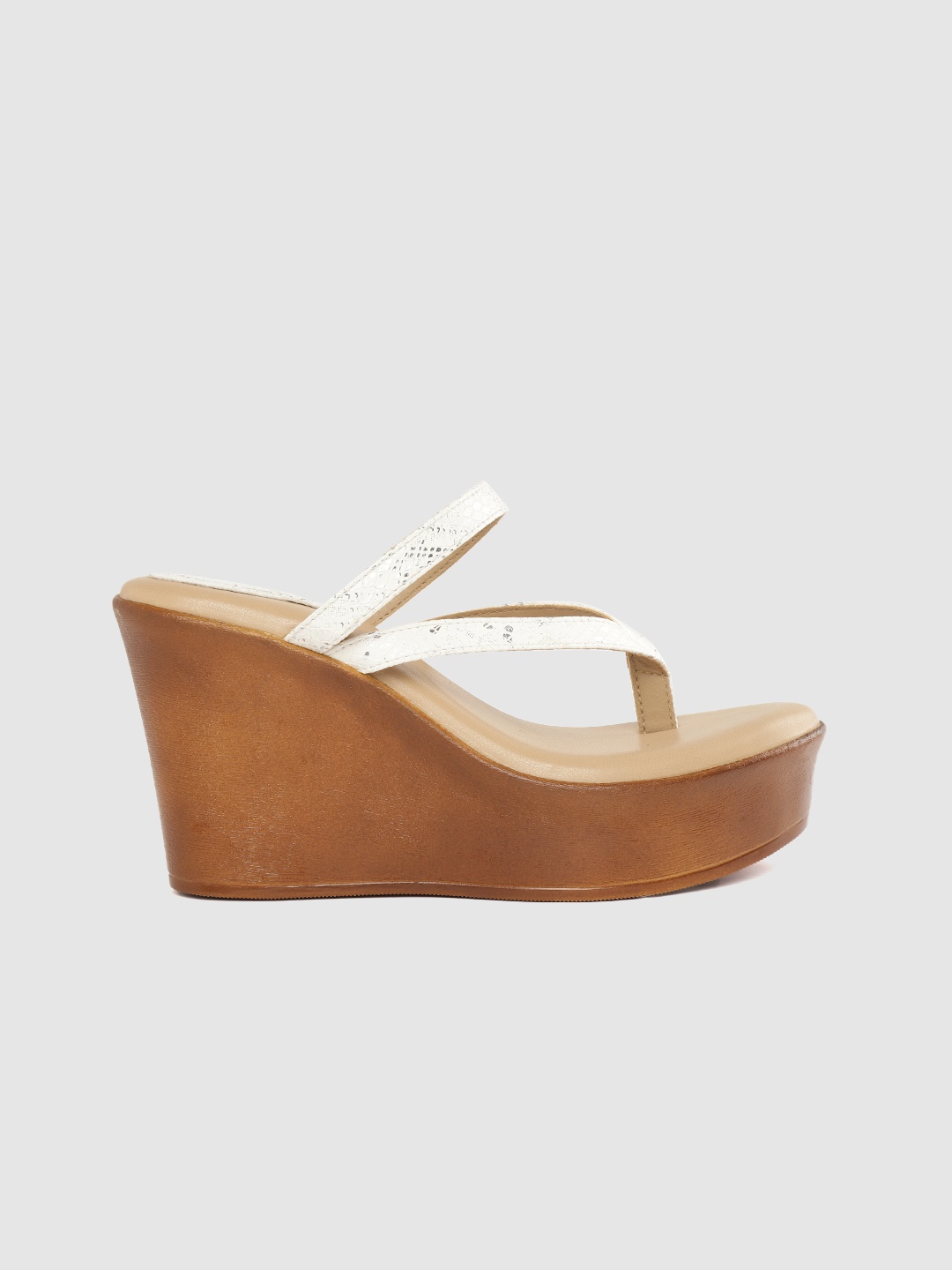 

DressBerry Women White & Silver-Toned Snakeskin Textured Comfort Wedges