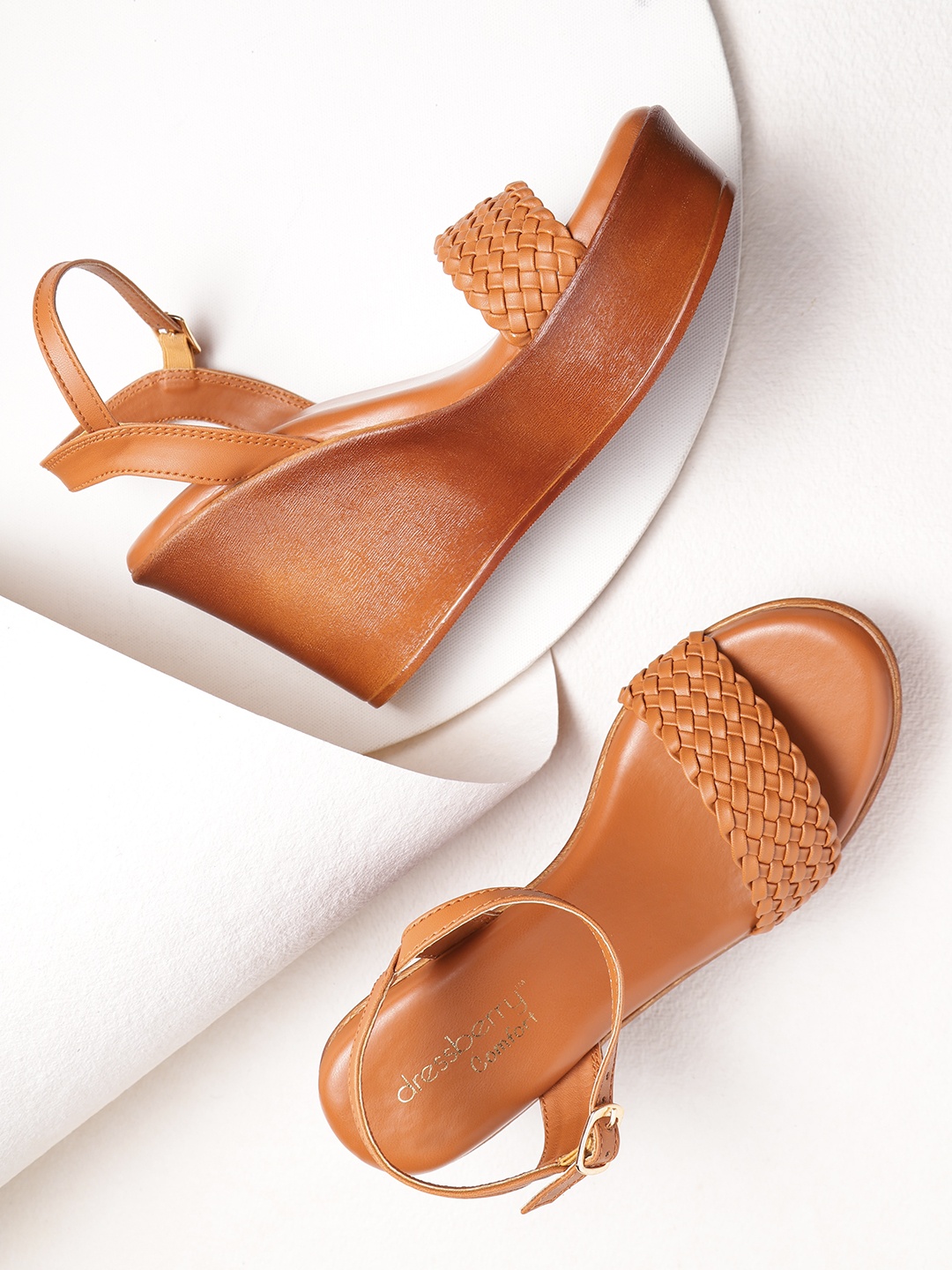 

DressBerry Women Tan Brown Basketweave Textured Comfort Wedges