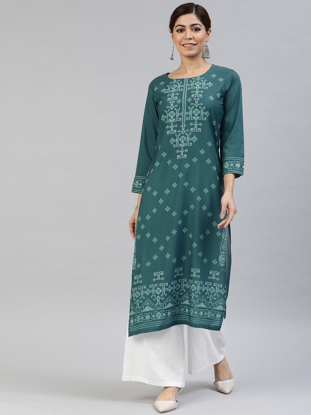 

AHIKA Women Teal Green & White Printed Straight Kurta