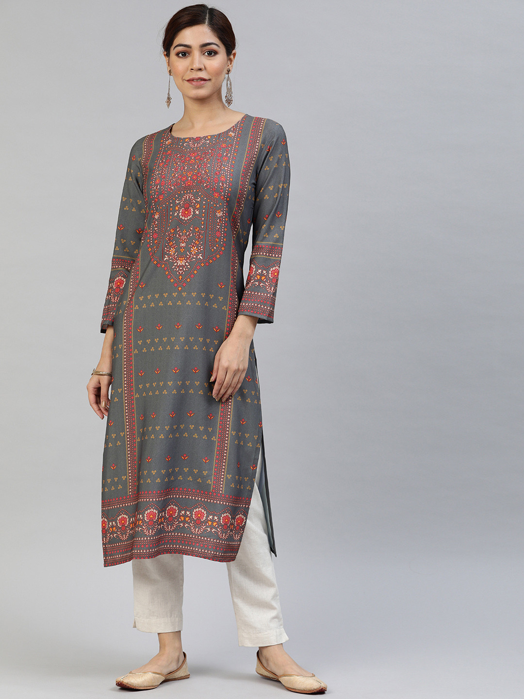 

AHIKA Women Grey & Pink Printed Straight Kurta