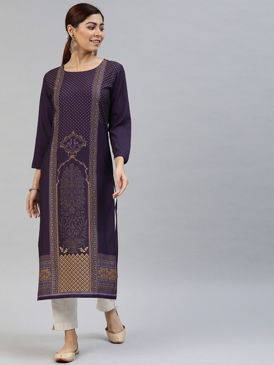

AHIKA Women Purple & Beige Printed Straight Kurta