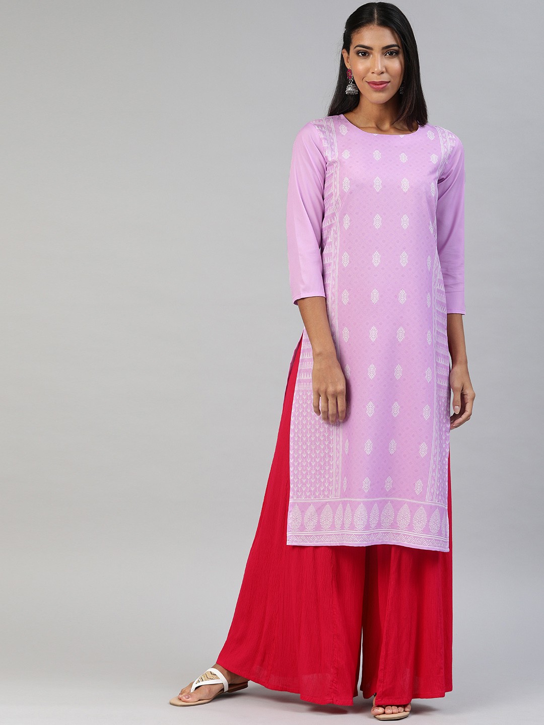

AHIKA Women Lavender & White Printed Straight Kurta