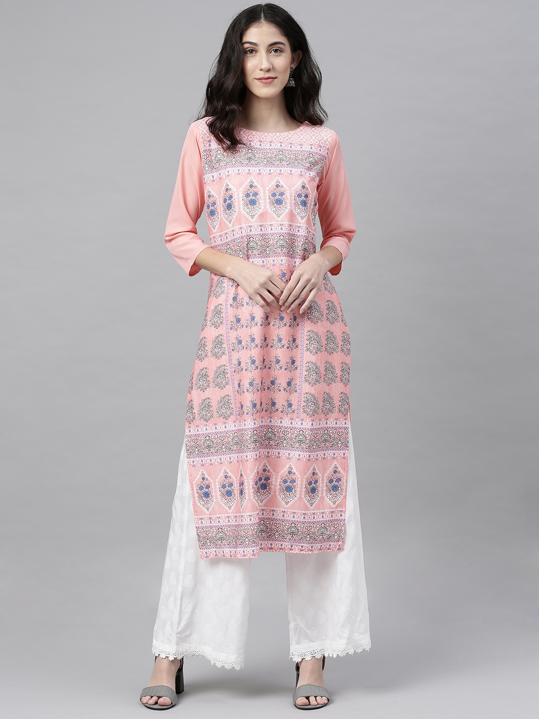 

AHIKA Women Peach-Coloured & Blue Printed Straight Kurta