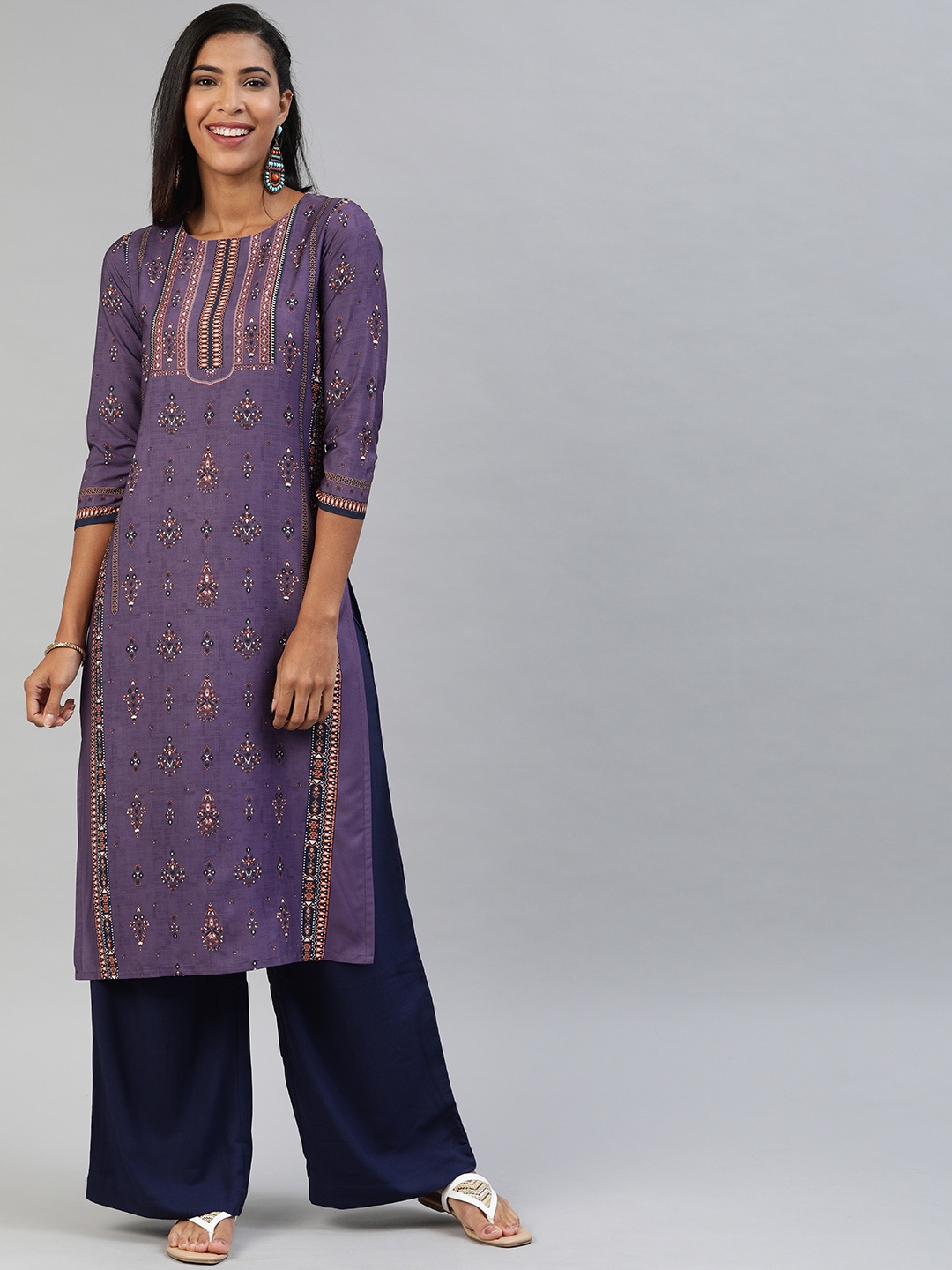 

AHIKA Women Purple & Mustard Yellow Printed Straight Kurta