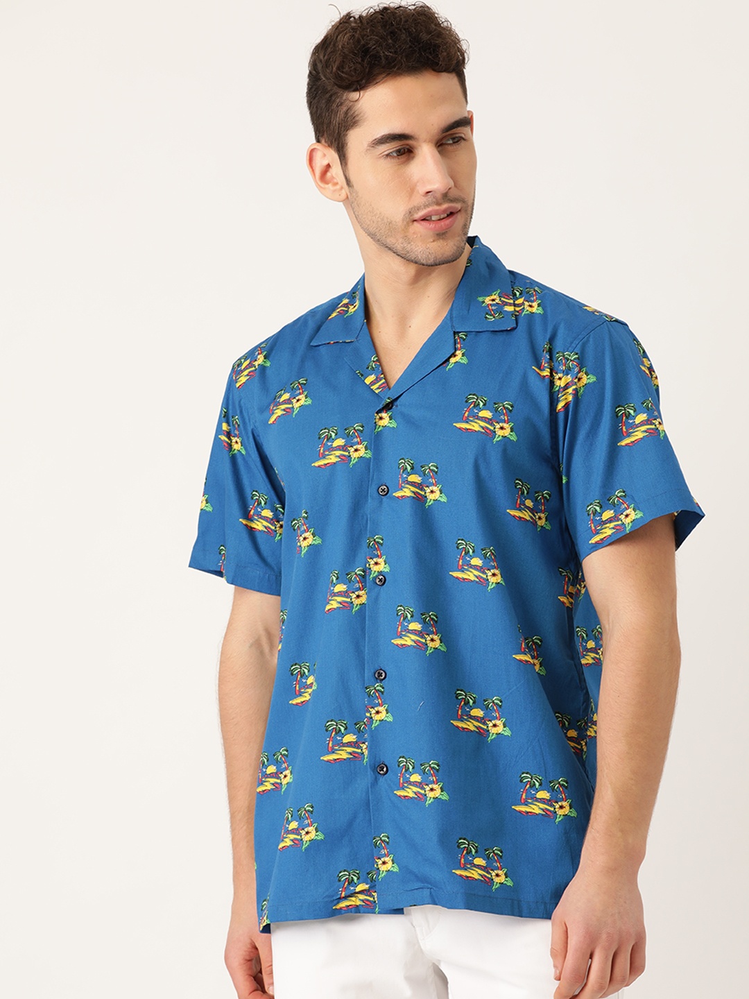 

Hancock Men Blue & Yellow Cotton Regular Relaxed Fit Tropical Print Casual Shirt