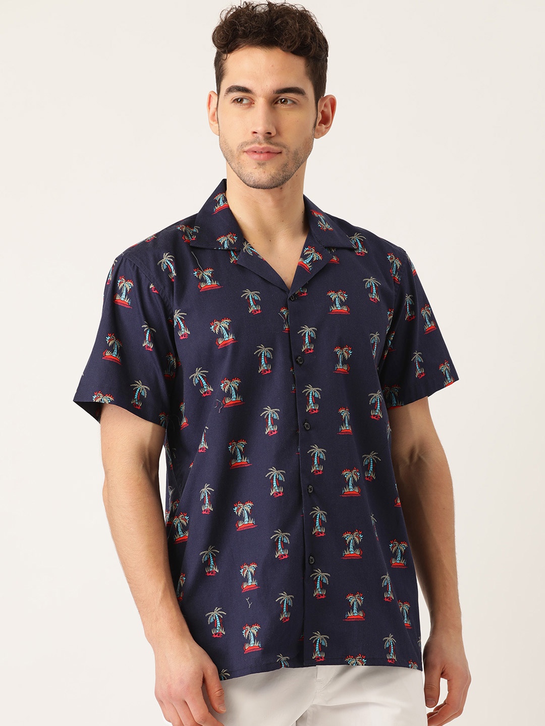 

Hancock Men Navy Blue & Grey Cotton Regular Relaxed Fit Tropical Print Casual Shirt