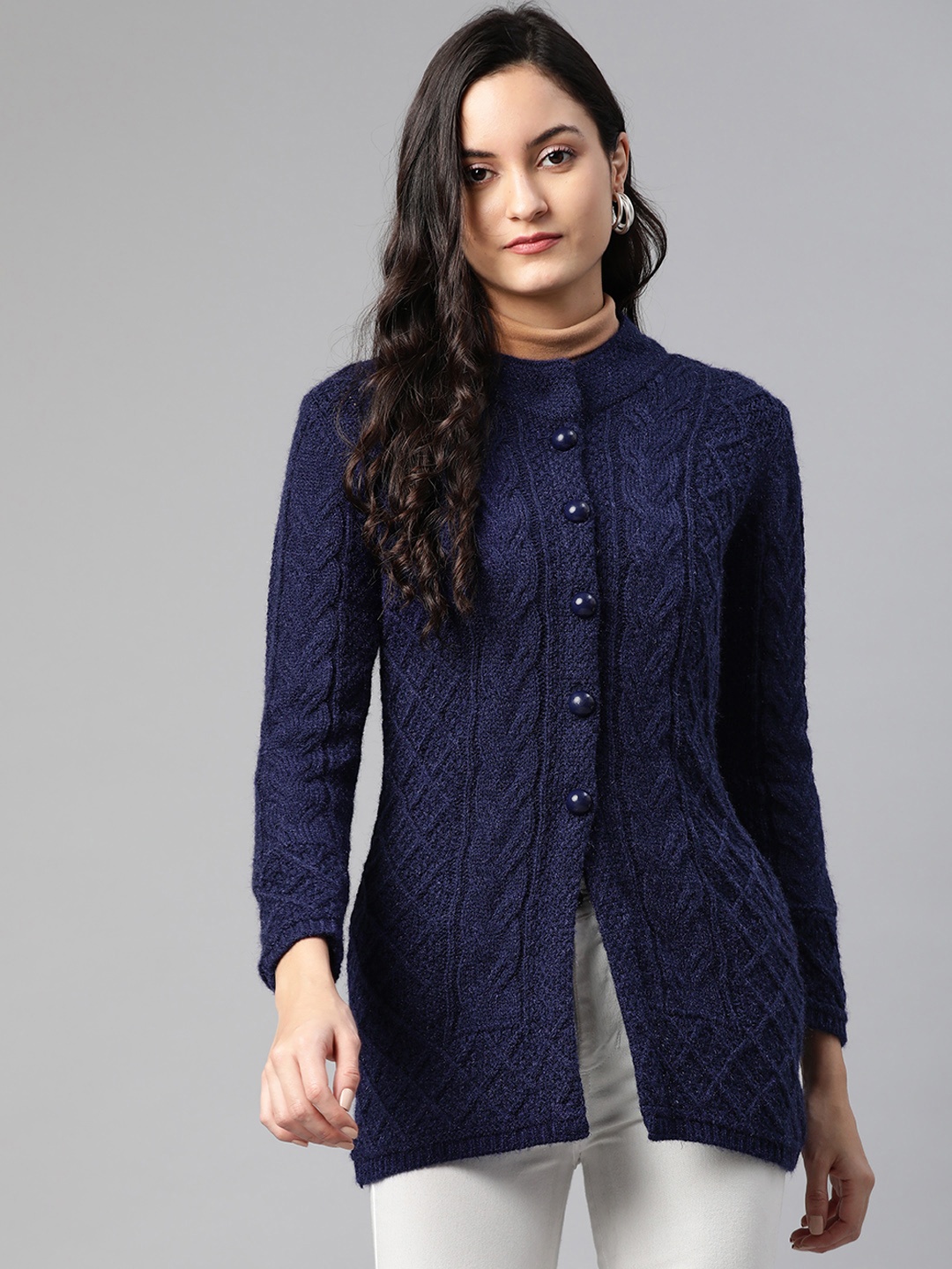 

Cayman Women Navy Blue Woollen Self Design Longline Cardigan Sweater