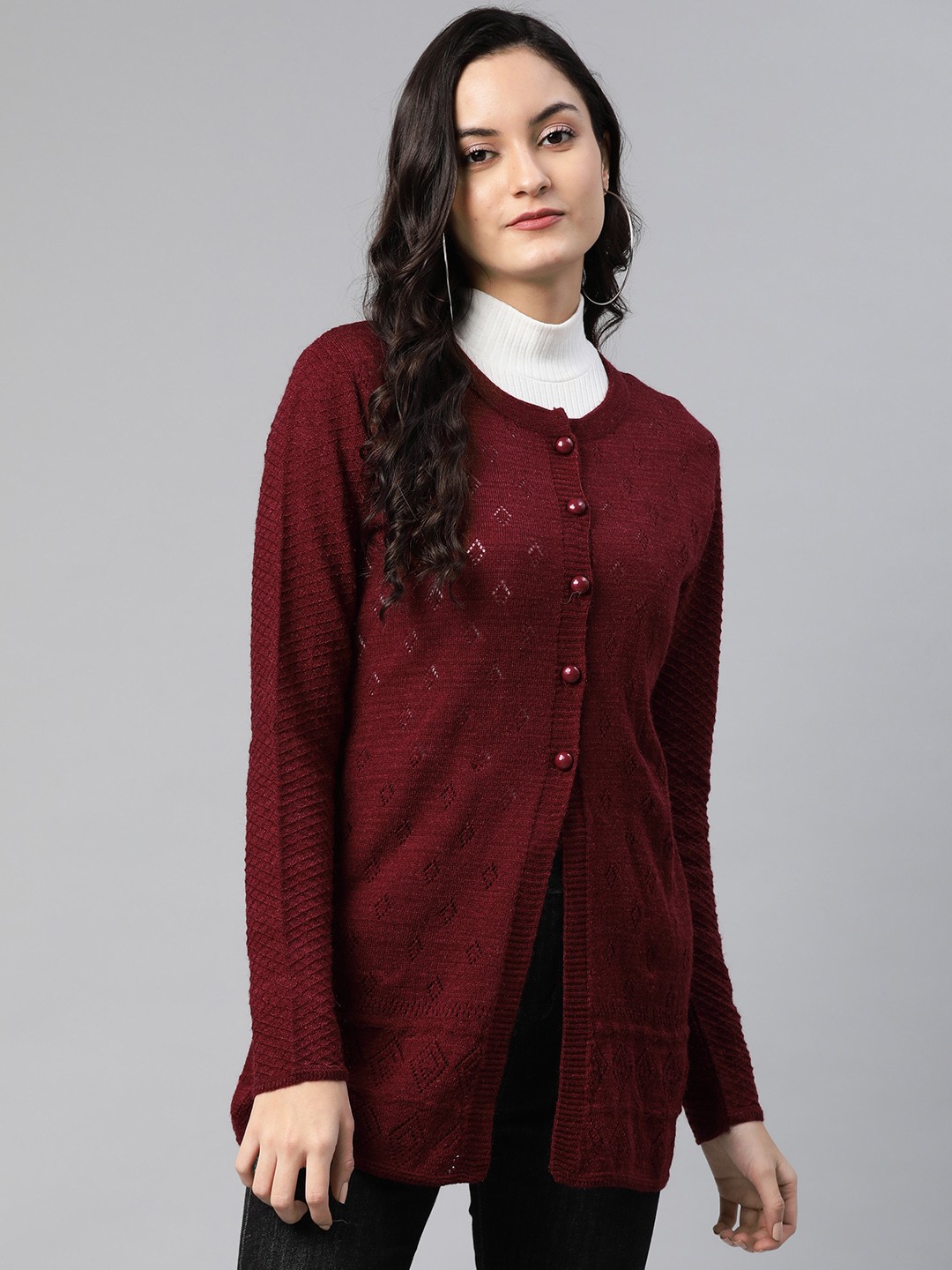 

Cayman Women Maroon Woollen Self-Design Longline Cardigan
