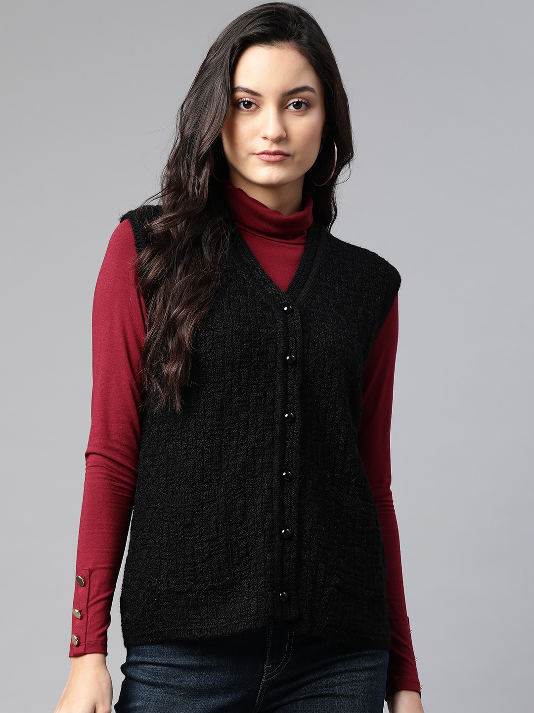 

Cayman Women Black Self Design Cardigan