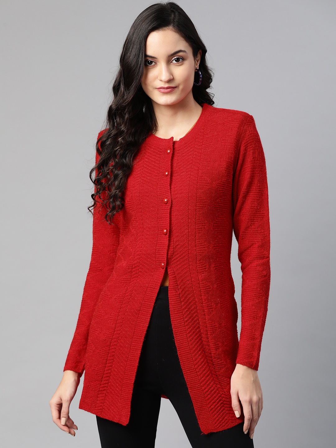 

Cayman Women Red Self Design Longline Cardigan