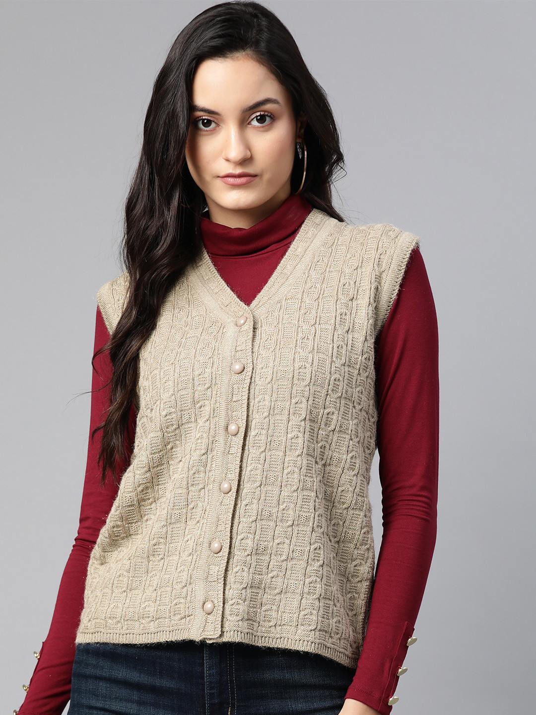

Cayman Women Beige Woollen Self-Design Cardigan