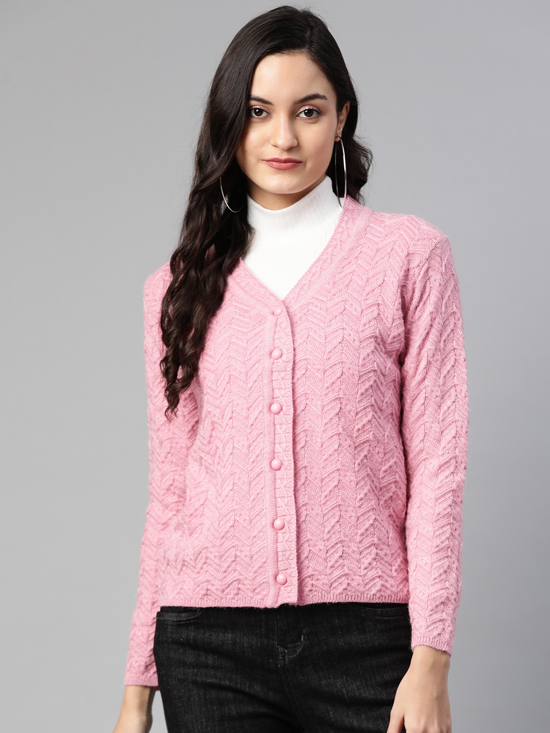 

Cayman Women Pink Woollen Self Design Cardigan