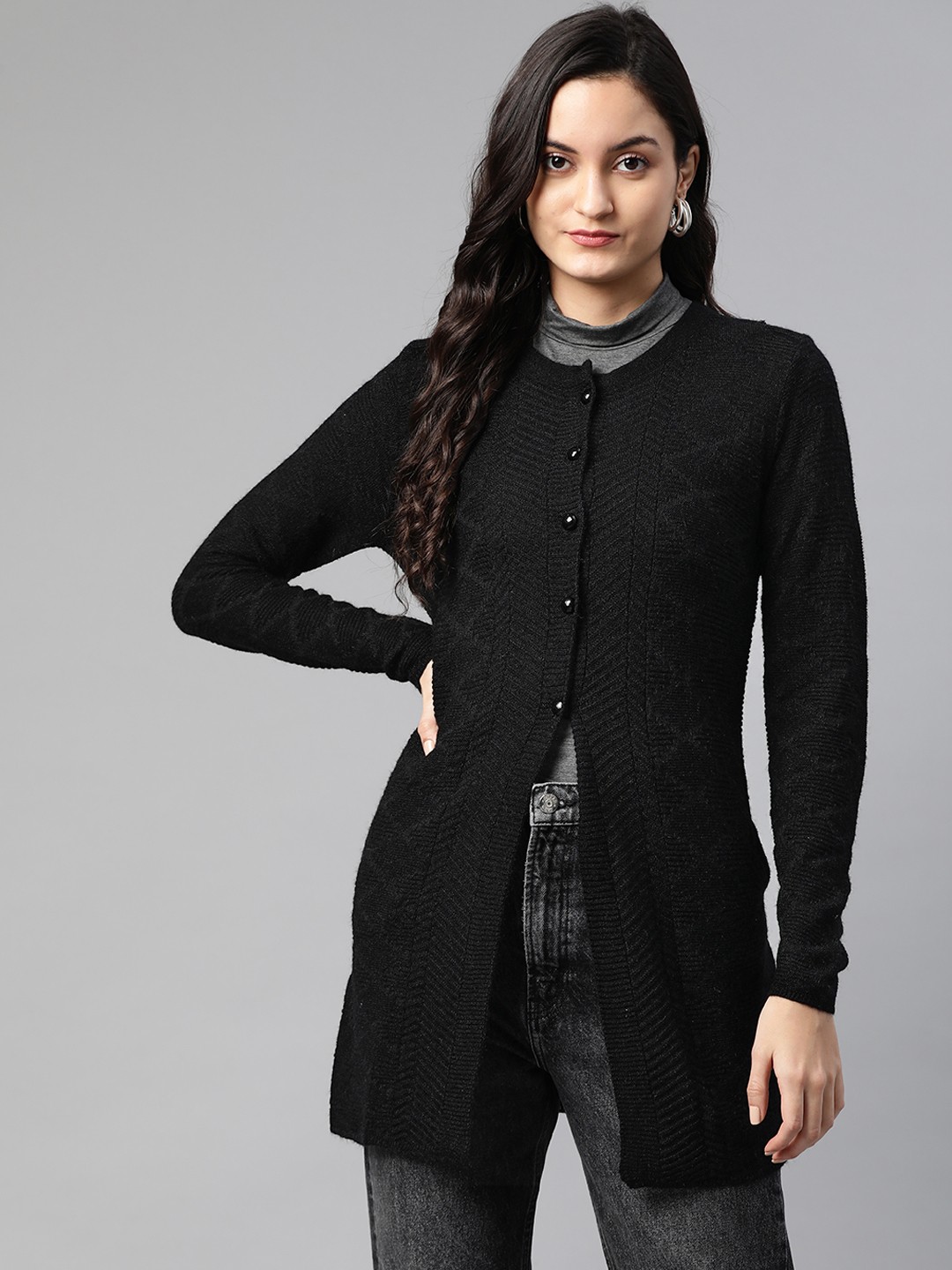 

Cayman Women Black Woollen Self Design Longline Cardigan Sweater