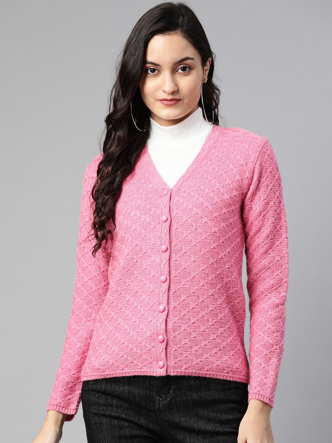 

Cayman Women Pink Woollen Self Design Cardigan