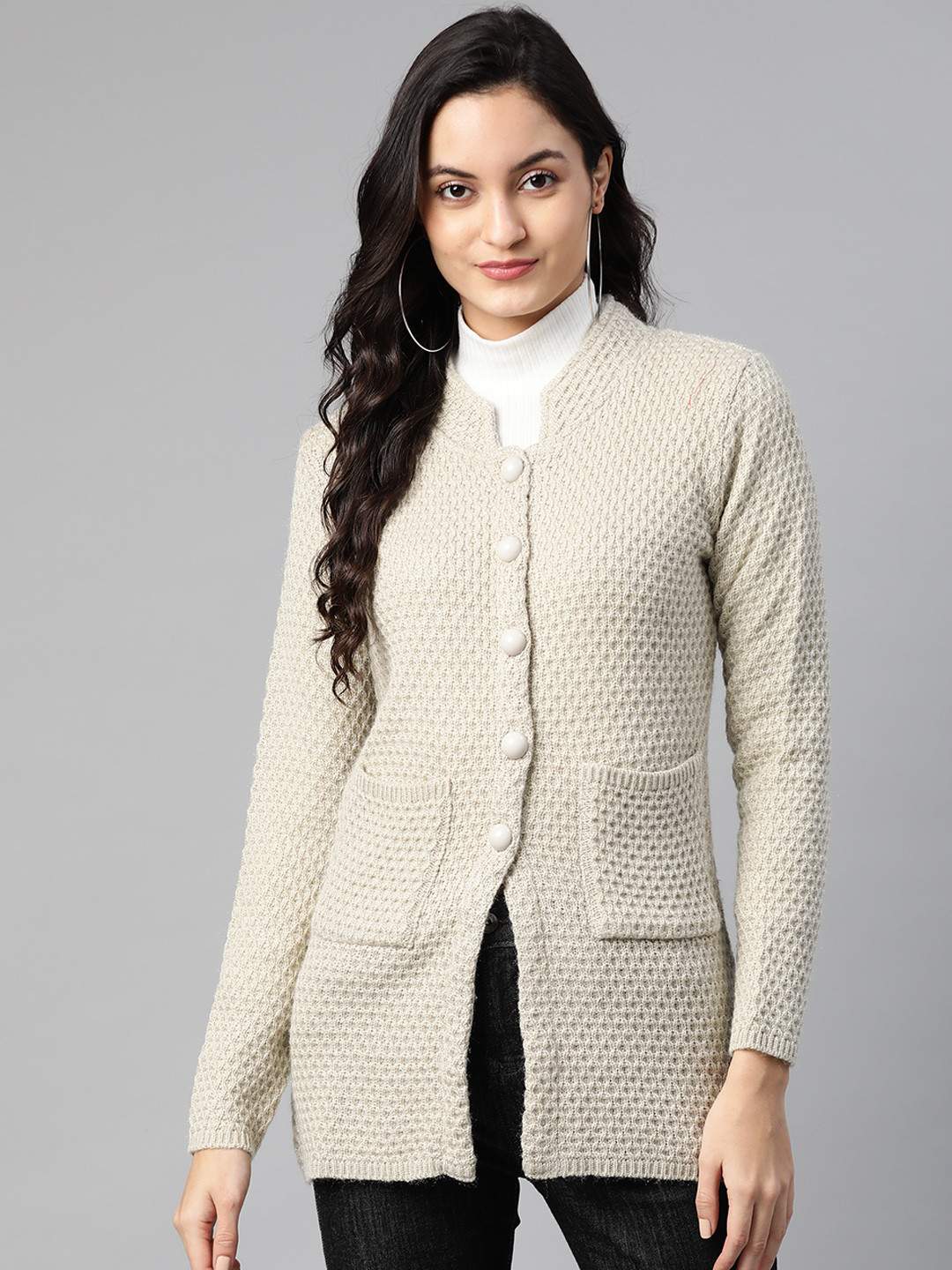 

Cayman Women Cream-Coloured Woollen Self Design Cardigan