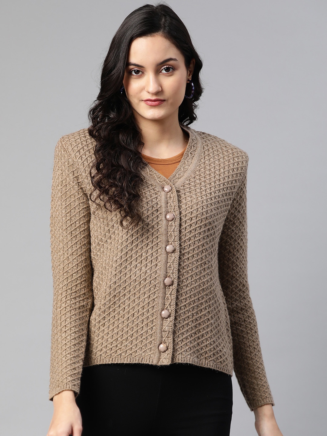 

Cayman Women Beige Self Design Woollen Cardigan