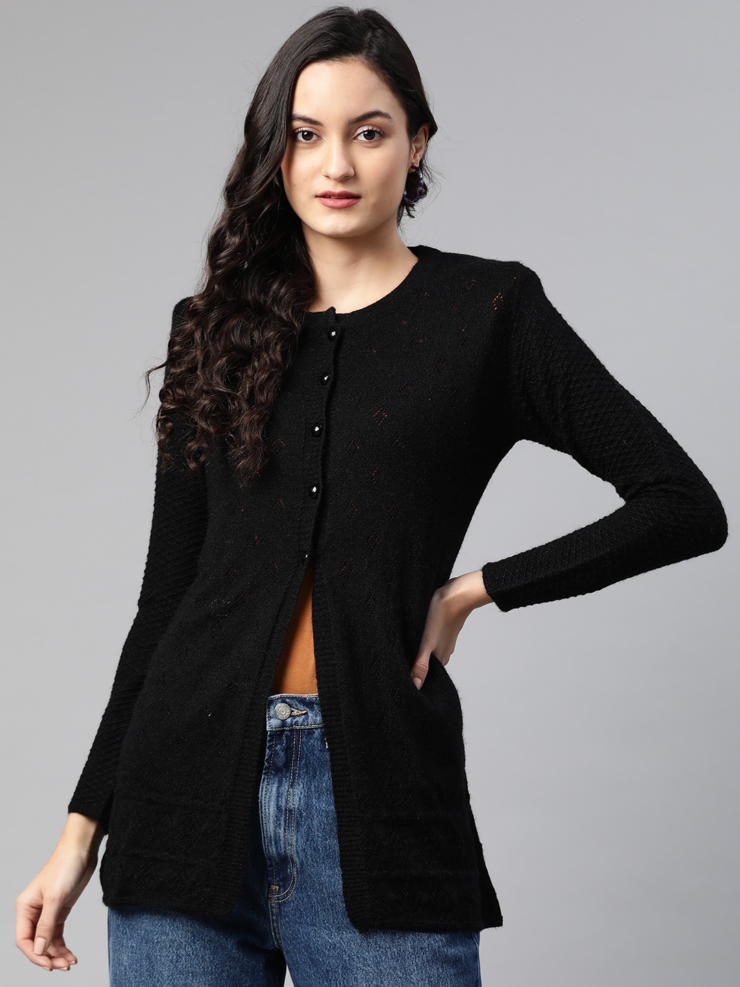 

Cayman Women Black Self Design Cardigan