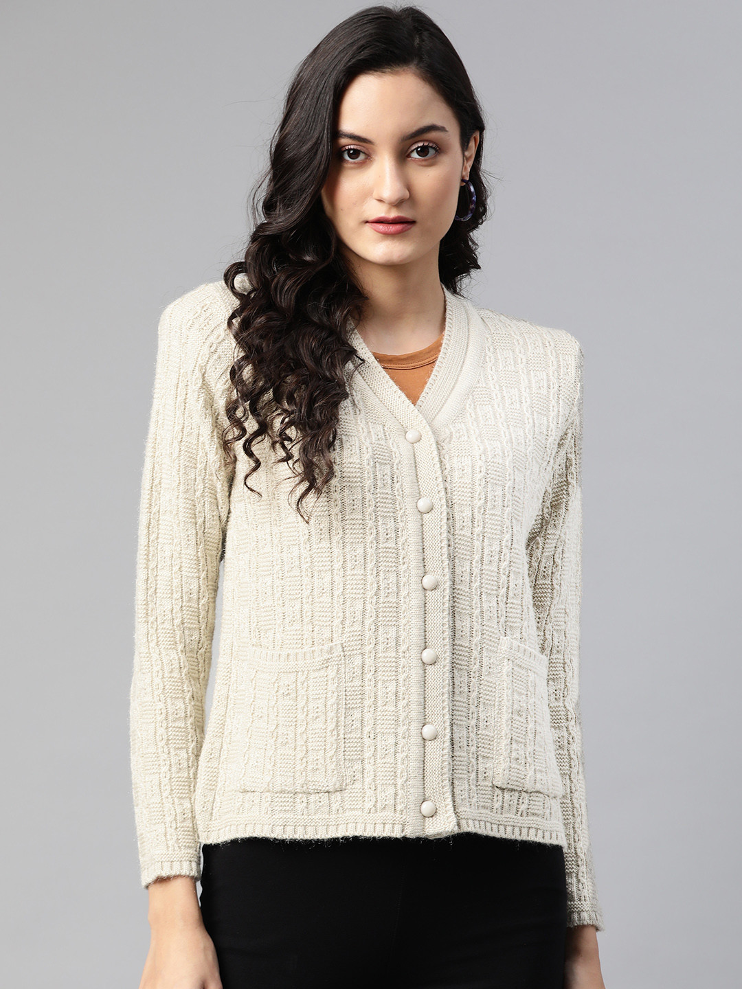 

Cayman Women Beige Self Design Cardigan