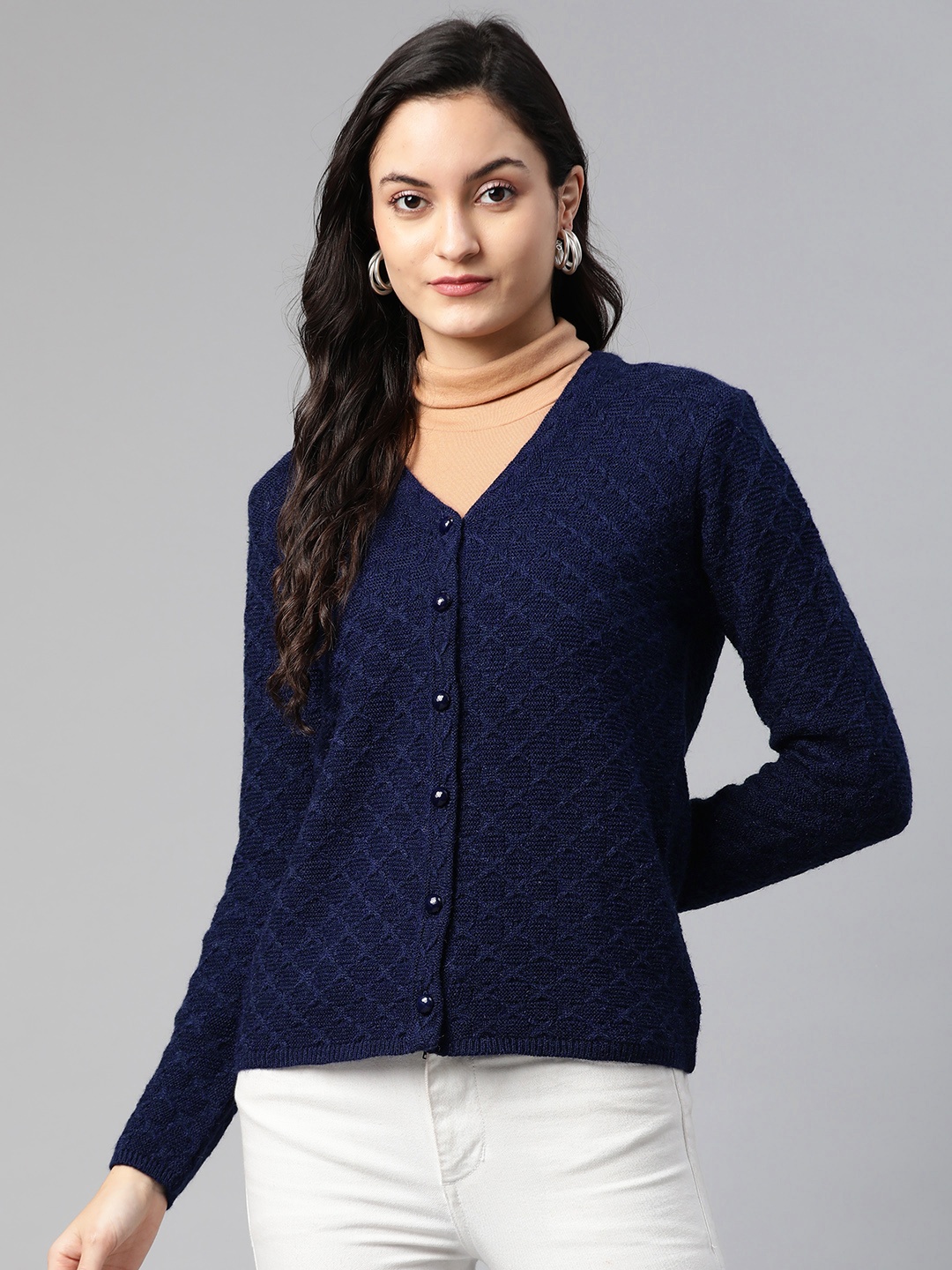 

Cayman Women Navy Blue Woollen Self-Design Cardigan