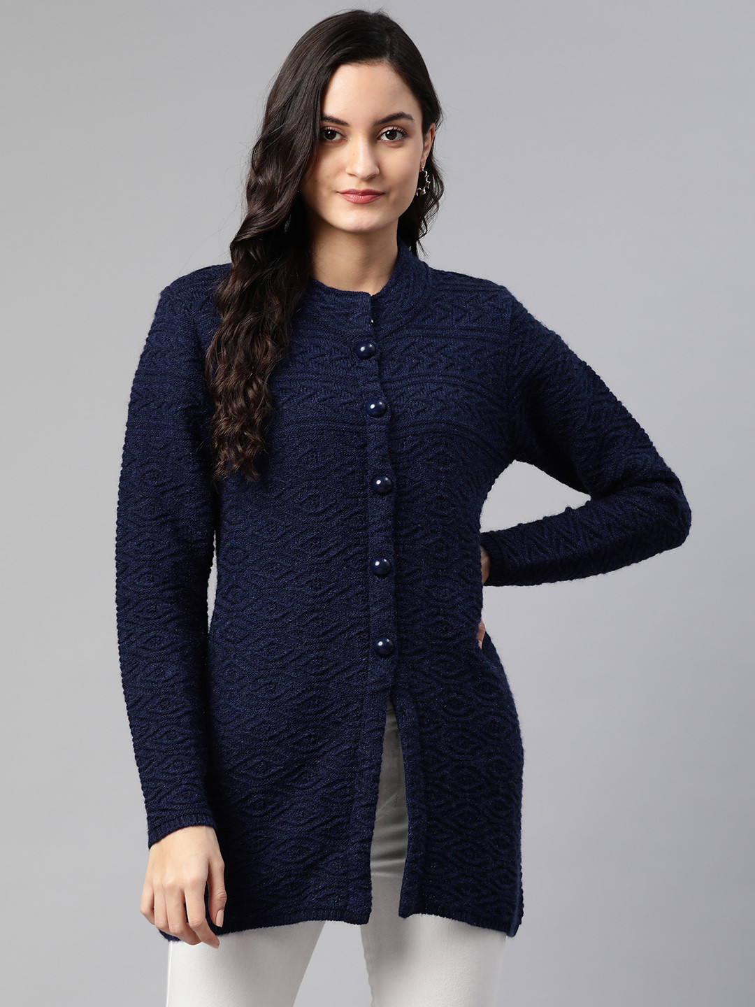 

Cayman Women Navy Blue Woollen Self Design Longline Cardigan Sweater