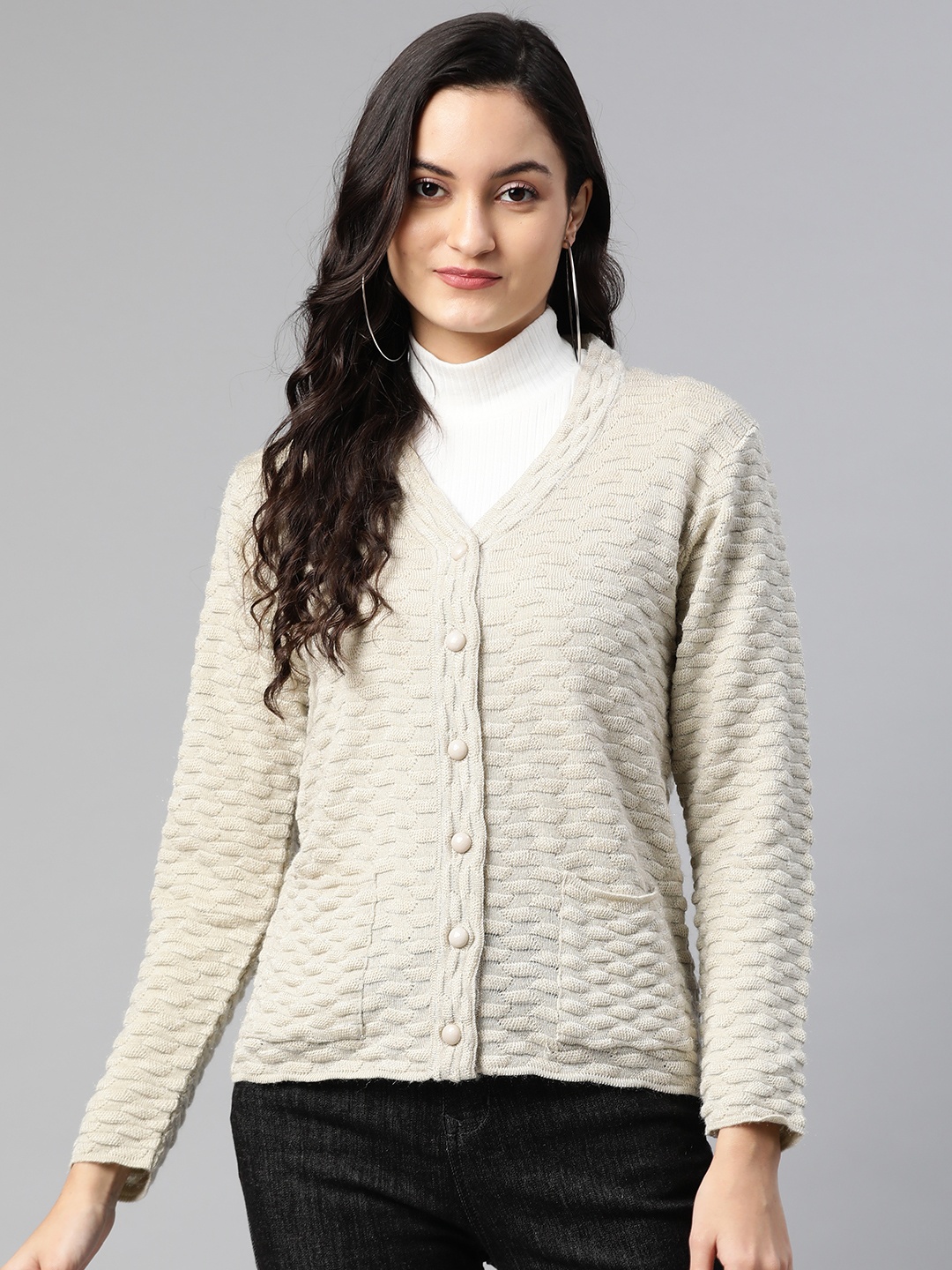 

Cayman Women Beige Woollen Self Design Cardigan