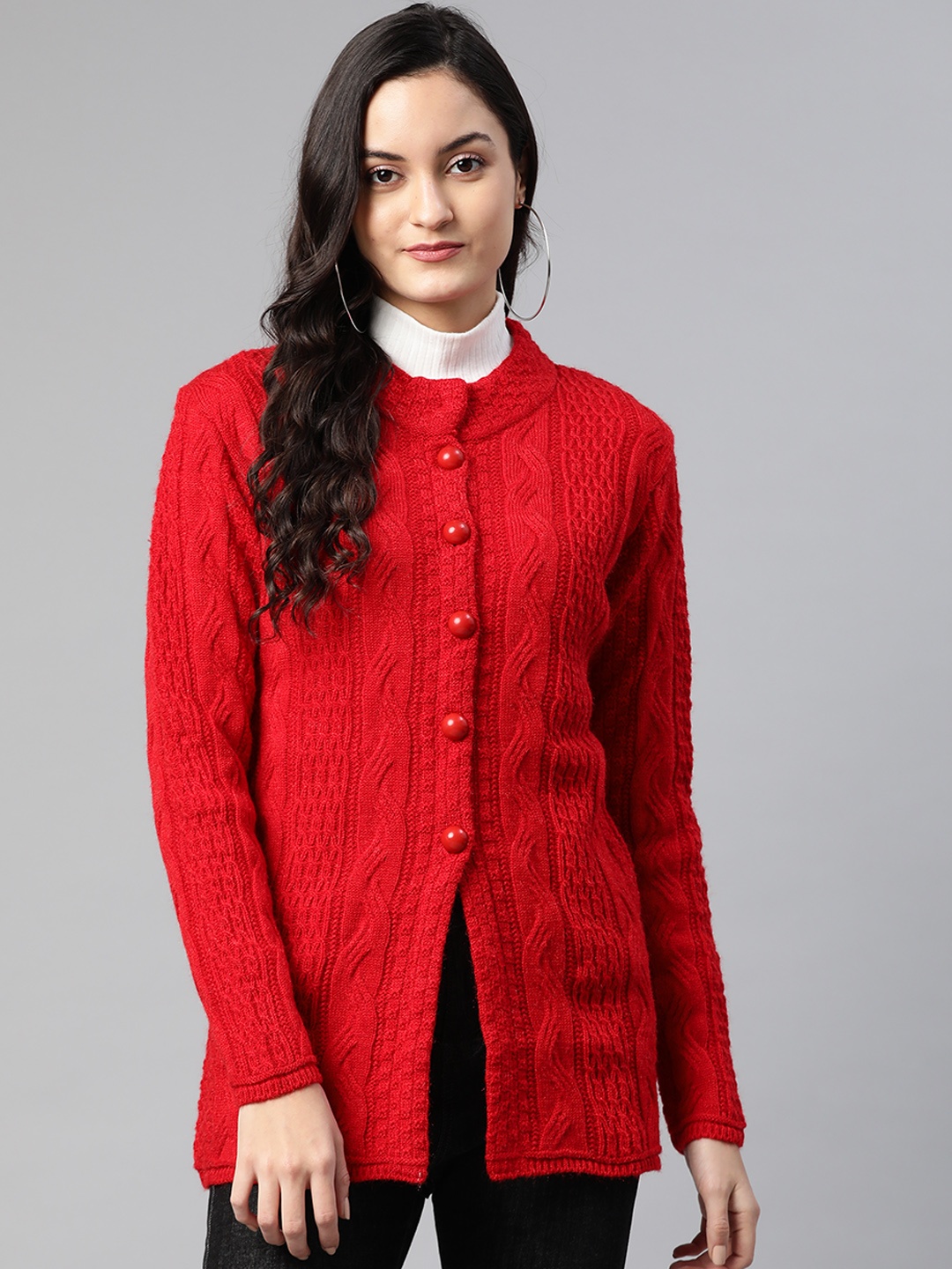 

Cayman Women Red Woollen Cable Knit Cardigan