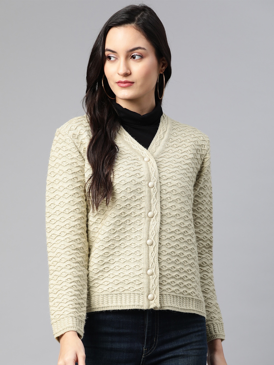 

Cayman Women Beige Woollen Self-Design Cardigan