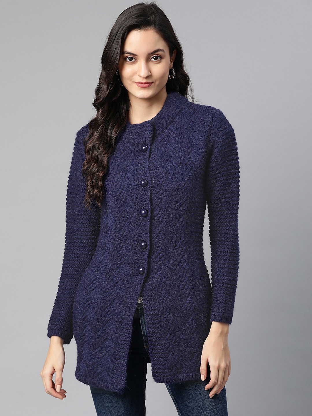

Cayman Women Navy Blue Woollen Self Design Cardigan