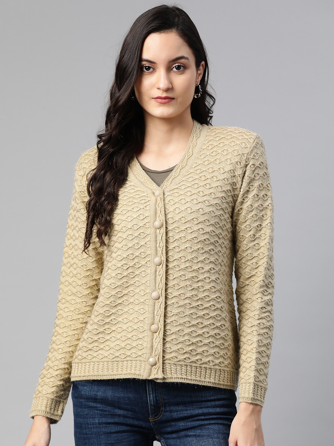 

Cayman Women Beige Woollen Self Design Cardigan Sweater