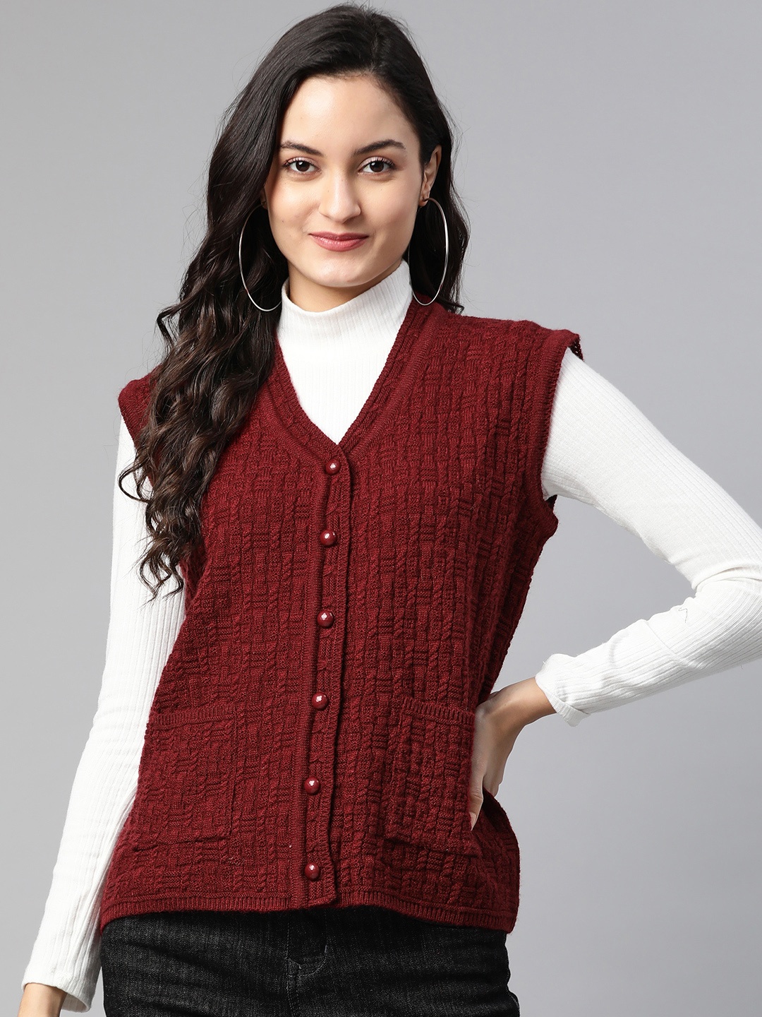 

Cayman Women Maroon Woollen Cable Knit Cardigan
