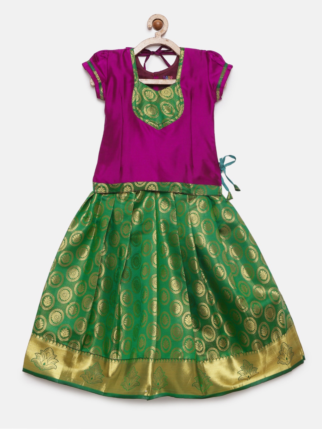 

Baby Lakshmi Green & Violet Ready to Wear Pattu Pavadai
