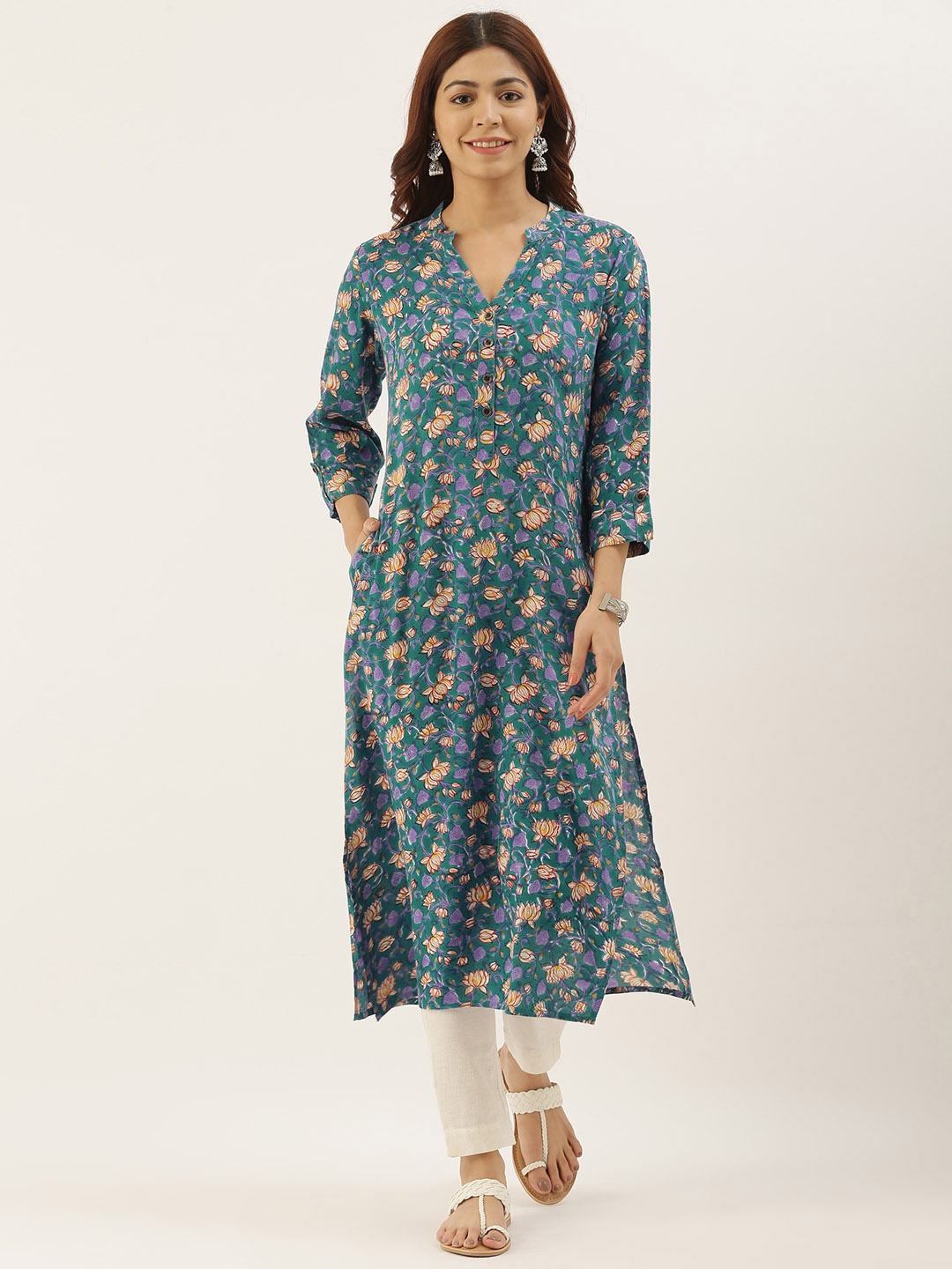 

AMUKTI Women Turquoise Blue Printed A-Line Kurta