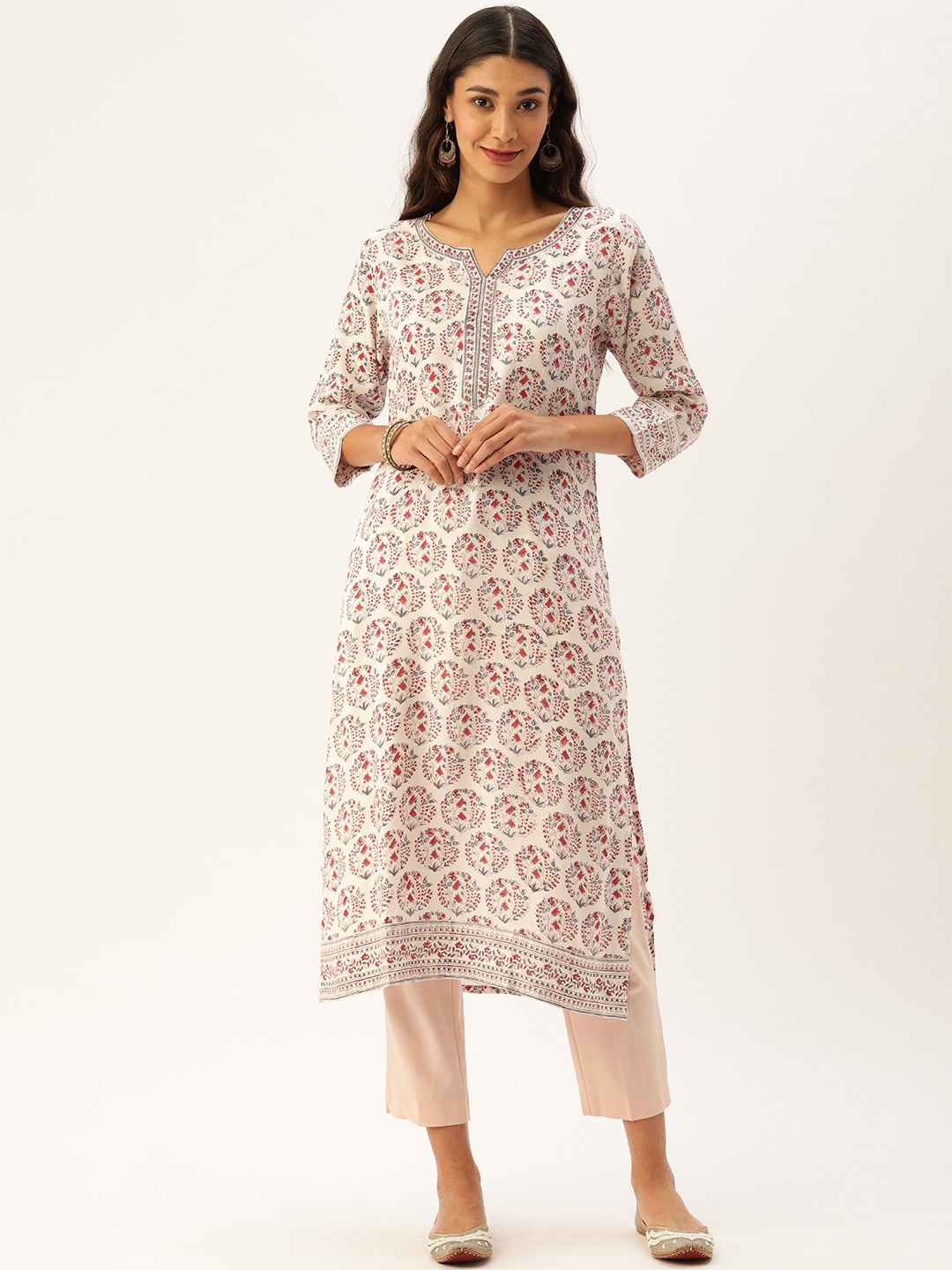 

AMUKTI Women White & Maroon Printed Straight Kurta