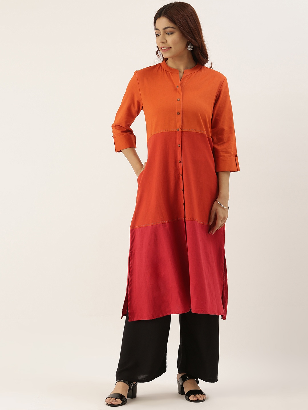 

AMUKTI Women Orange & Red Colourblocked Straight Kurta