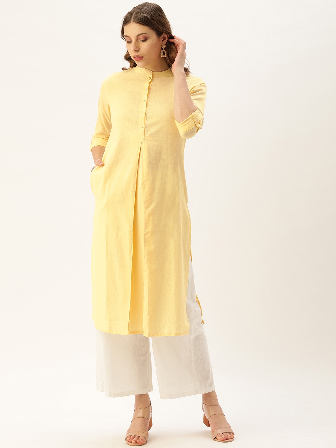 

AMUKTI Women Yellow Solid Pleated Straight Kurta