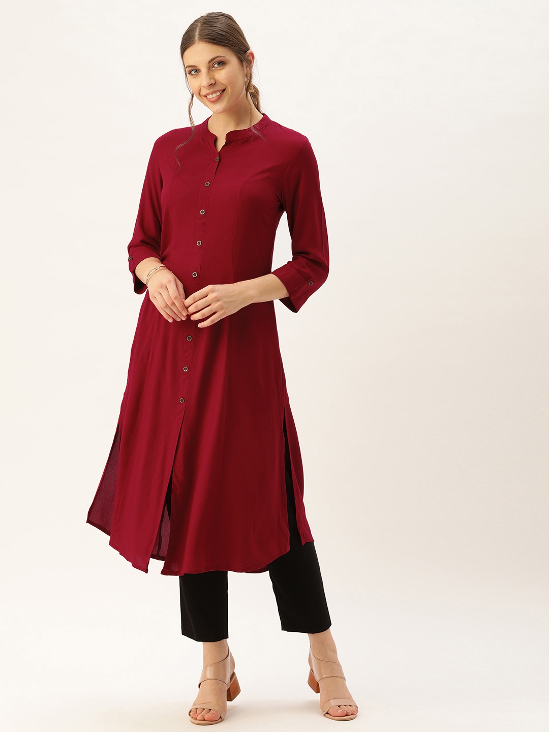 

AMUKTI Women Maroon Solid A-Line Panelled Kurta