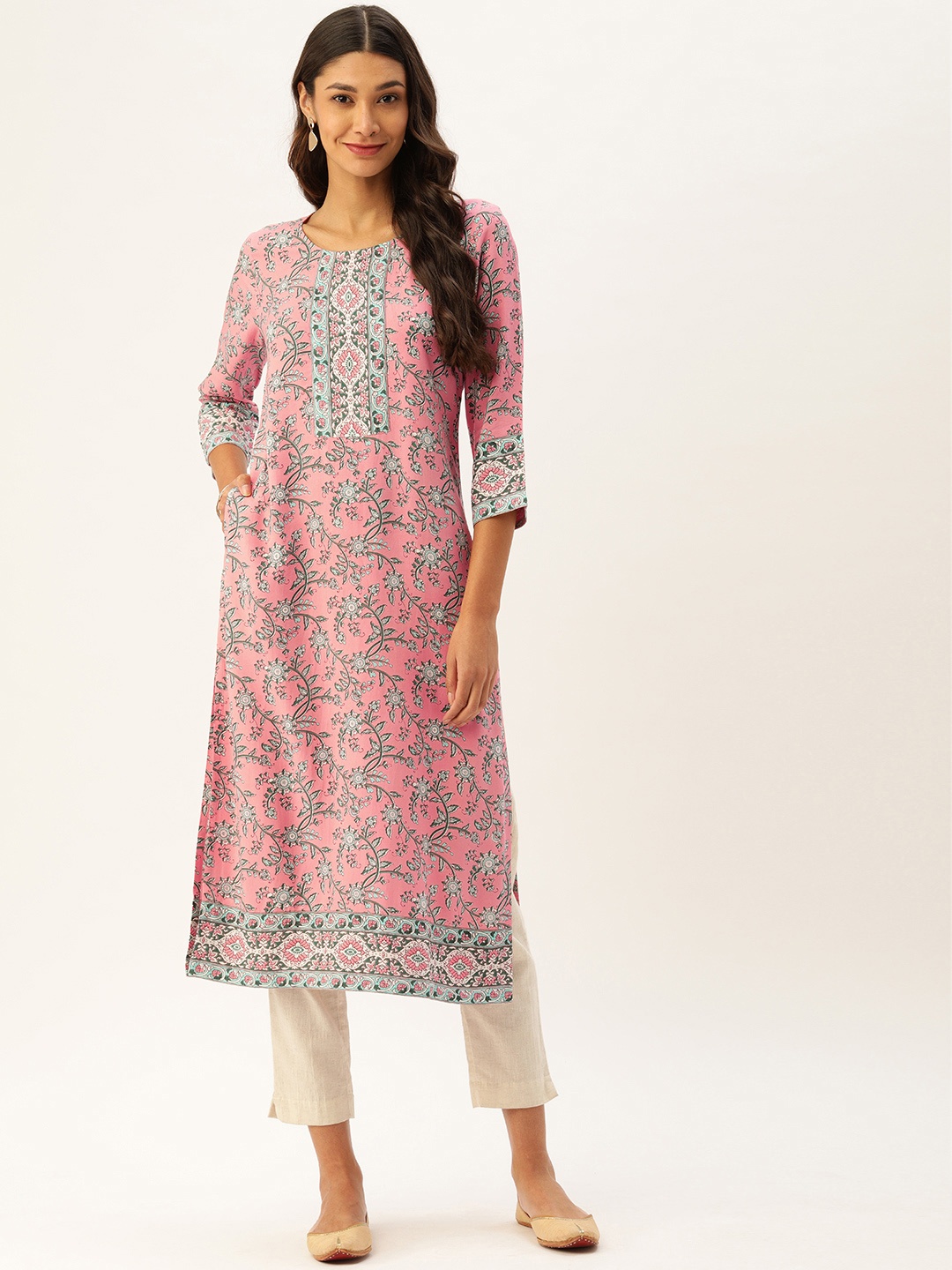 

AMUKTI Women Pink & Green Printed Straight Kurta